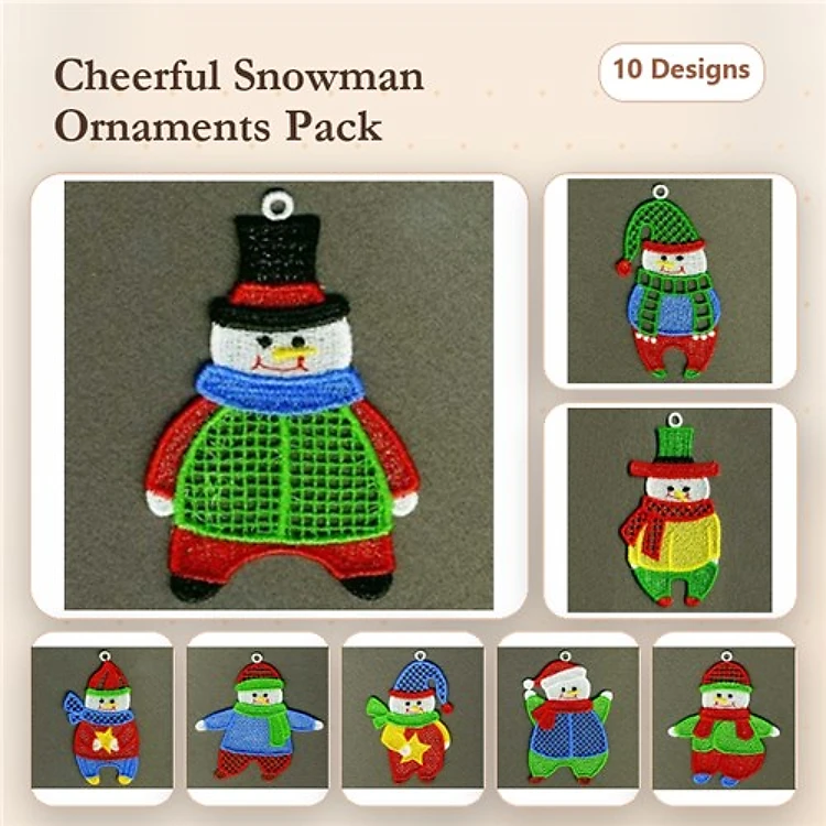 FSL Cheerful Snowman Ornaments Embroidery Designs Bundle – Snowman with Black Hat, Snowman with Green Scarf & More (10 Designs)