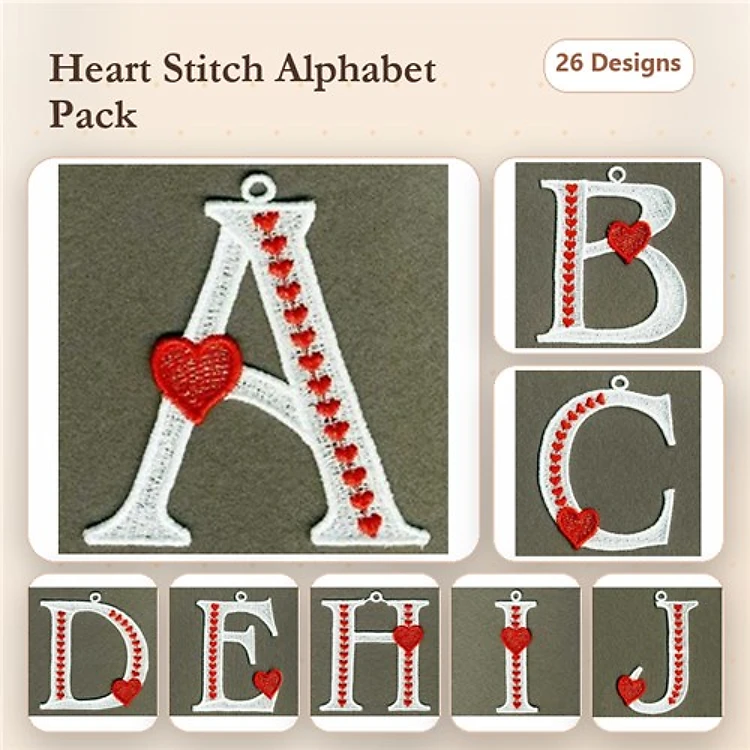 FSL Alphabet Letters Embroidery Designs Bundle – A with Heart, B with Heart, C with Heart & More (26 Designs)