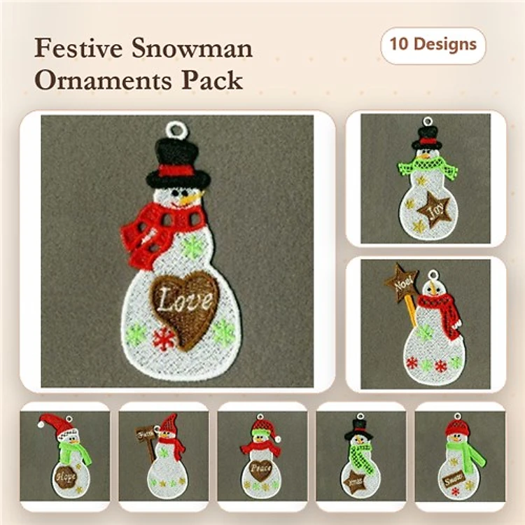 FSL Snowman Ornament Embroidery Designs Bundle – Snowman with Scarf, Snowman with Love Heart, & More (10 Designs)
