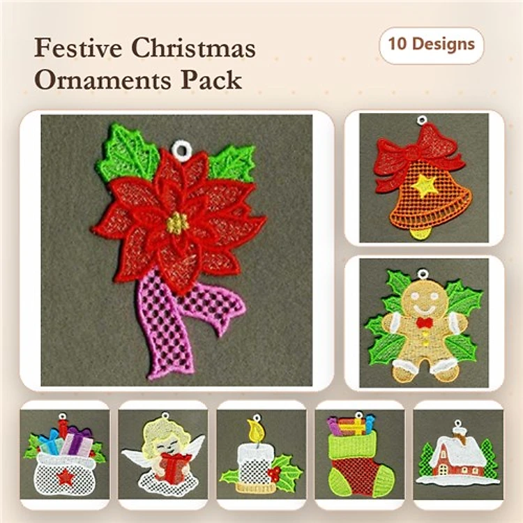 FSL Christmas Ornament Embroidery Bundle – Poinsettia, Gingerbread Man, Christmas Bell & More (10 Designs)