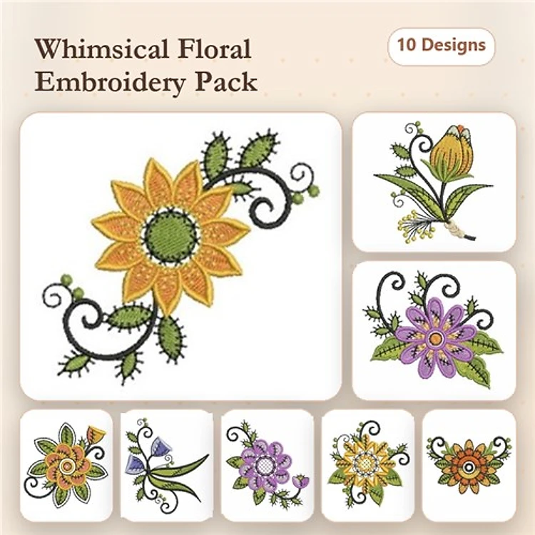 Floral Embroidery Designs Bundle – Sunflower, Tulip, Purple Flower & More (10 Designs)