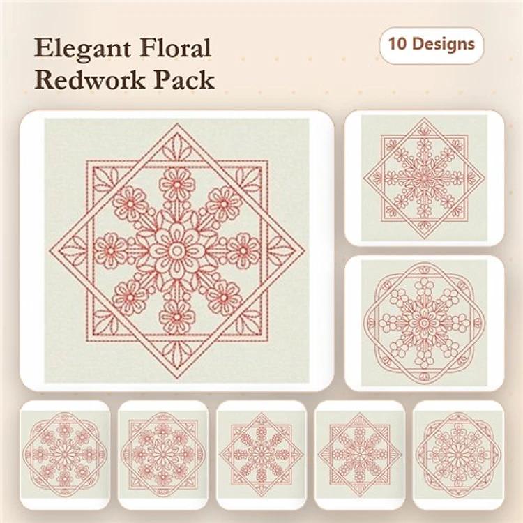 Redwork Elegant Floral Patterns Embroidery Bundle – Floral Mandala, Symmetrical Floral Design, Decorative Floral Square & More (10 Designs)
