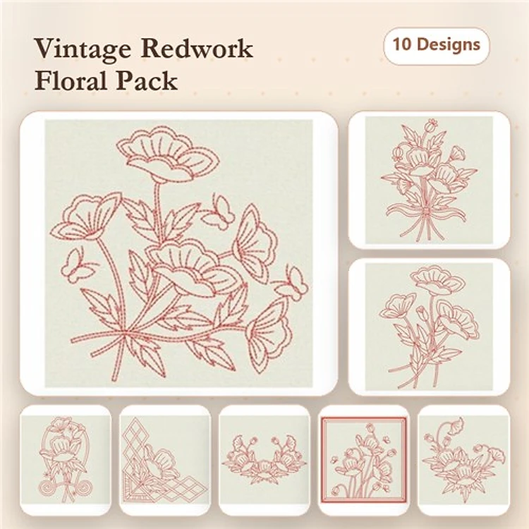 Redwork Floral Embroidery Bundle – Flower Bouquet, Butterfly with Flowers, Poppy Flower & More (10 Designs)