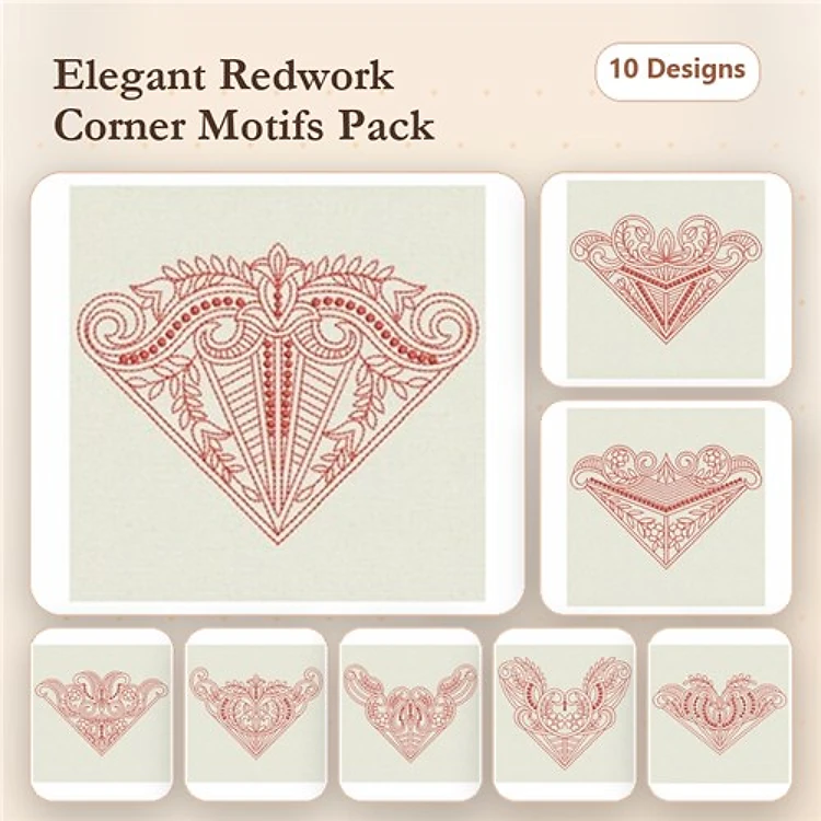 Redwork Elegant Corner Embellishments Embroidery Designs Bundle – Floral Elements, Intricate Designs, & More (10 Designs)