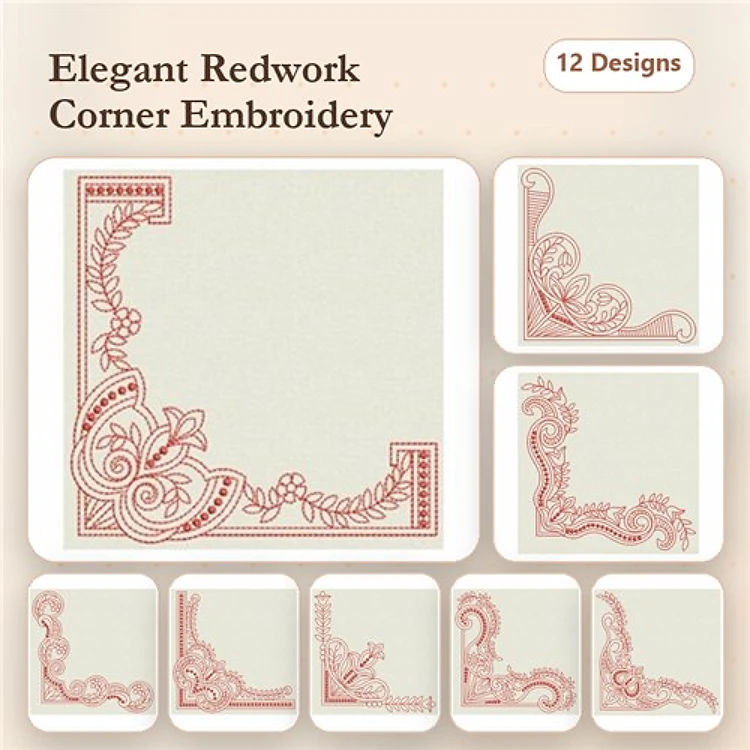 Redwork Elegant Corner Embellishments Embroidery Designs Bundle – Elegant Corner 1, Elegant Corner 2, Elegant Corner 3 & More (12 Designs)