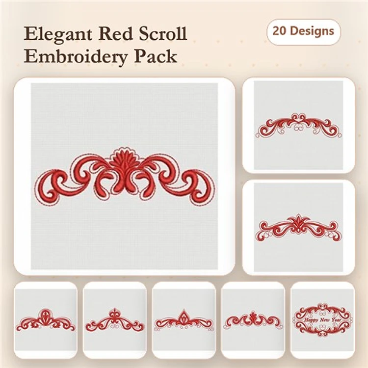 Redwork Elegant Scrolls Embroidery Designs Bundle – Red Scroll Design, Ornate Red Scroll, Intricate Red Scroll & More (20 Designs)