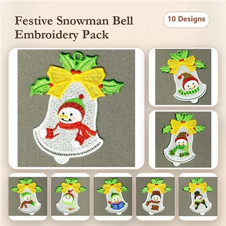 FSL Festive Snowman Bells Embroidery Bundle – Yellow Bow, Red Scarf, Green Hat & More (10 Designs)