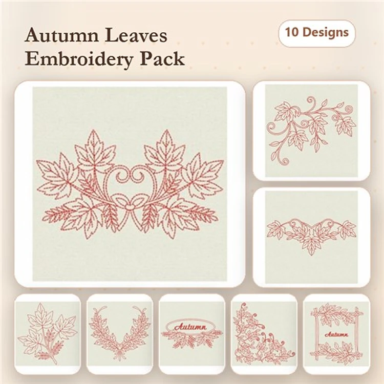 Redwork Autumn Leaves Embroidery Designs Bundle – Maple Leaf Frame, Leafy Heart Design, Autumn Wreath & More (10 Designs)