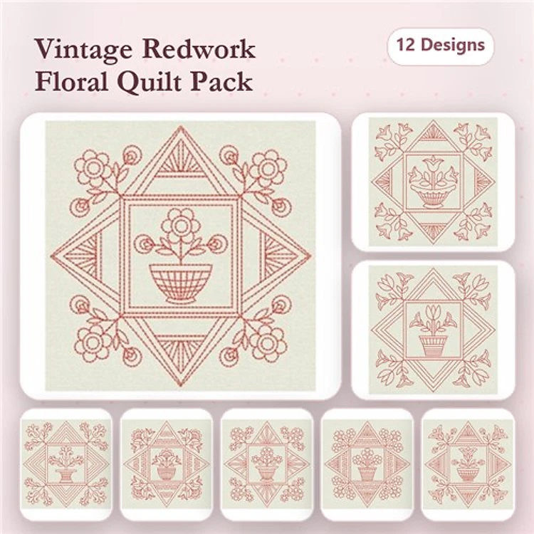 Redwork Floral Quilt Embroidery Designs Bundle – Floral Basket, Flower Bouquet & More (12 Designs)