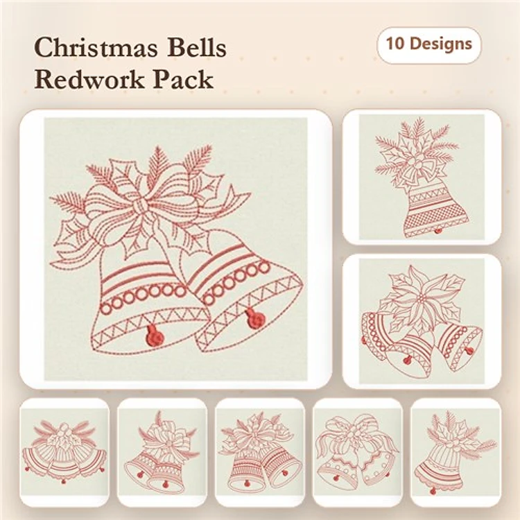 Redwork Christmas Bells Embroidery Designs Bundle – Christmas Bell with Bow, Two Christmas Bells, & More (10 Designs)