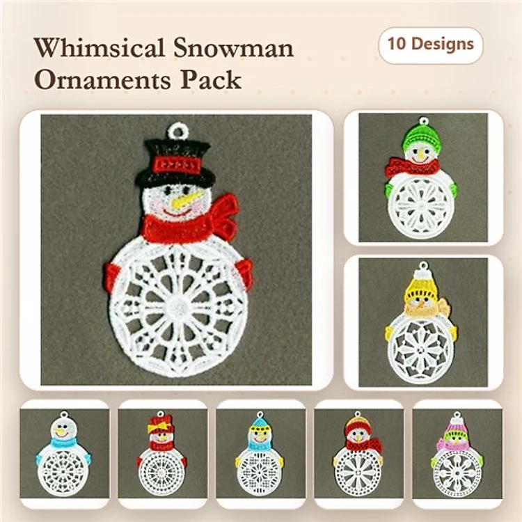 FSL Snowman Ornaments Embroidery Bundle – Snowman Ornament with Black Hat, Green Hat, Red Scarf & More (10 Designs)