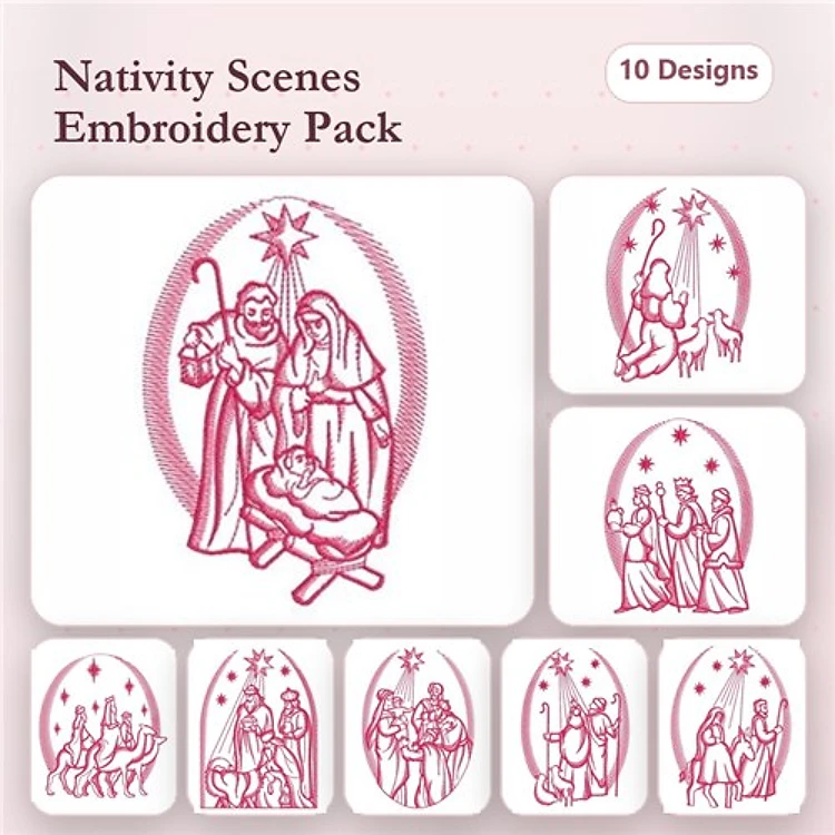 Redwork Nativity Embroidery Bundle – Mary, Joseph, Baby Jesus, Three Wise Men & More (10 Designs)