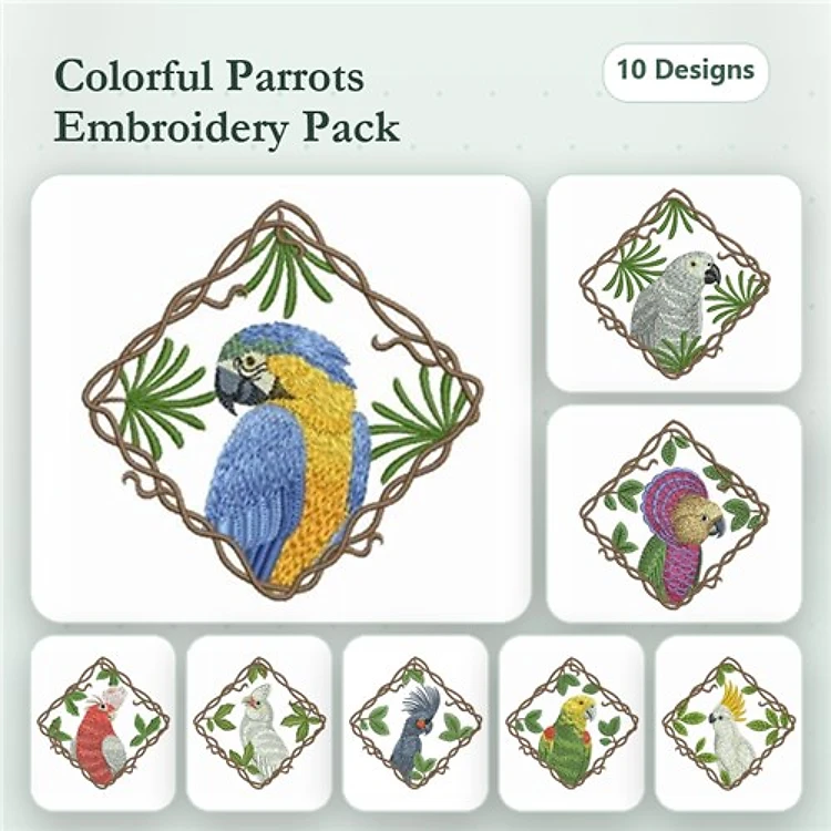 Colorful Parrot Embroidery Designs Bundle – Blue Macaw, Cockatoo, Purple Parrot & More (10 Designs)