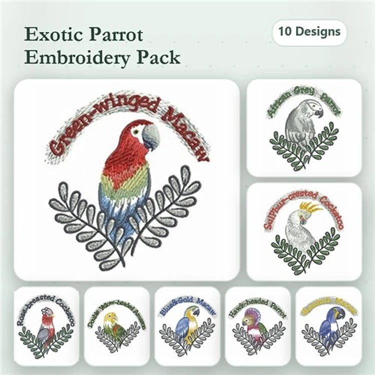 Exotic Parrots Embroidery Bundle – Green-winged Macaw, African Grey Parrot, Scarlet Macaw & More (10 Designs)