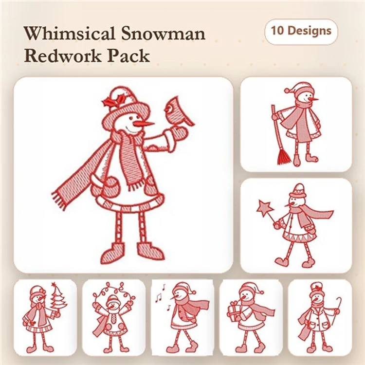 Redwork Snowman Embroidery Designs Bundle – Snowman with Bell, Snowman with Broom, Snowman with Gift & More (10 Designs)