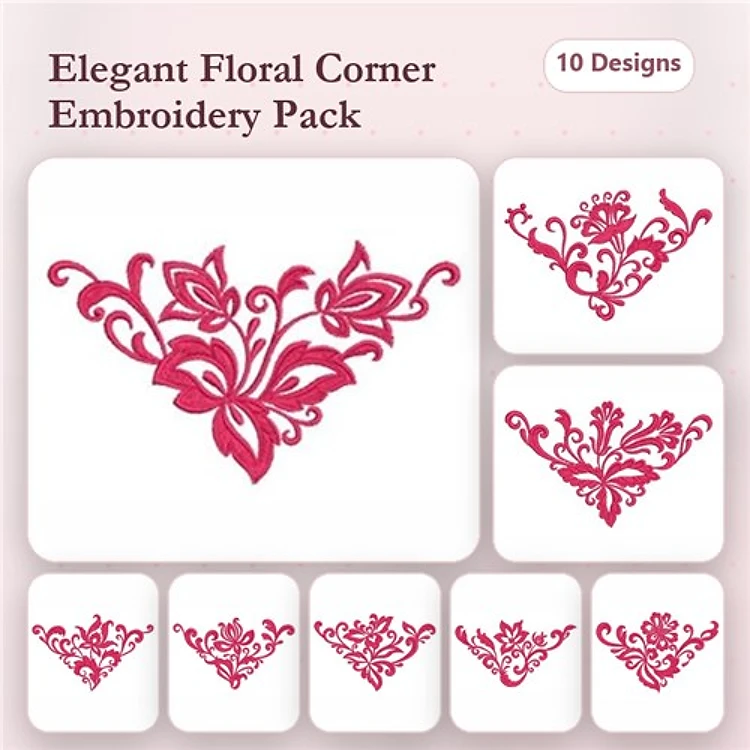 Redwork Elegant Floral Corner Embellishment Bundle – Floral Corner Design 1, Floral Corner Design 2 & More (10 Designs)