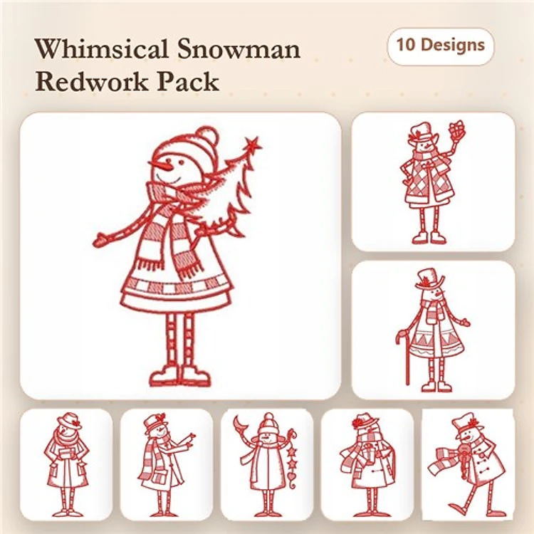 Redwork Snowman Embroidery Designs Bundle – Snowman with Christmas Tree, Snowman with Scarf, & More (10 Designs)