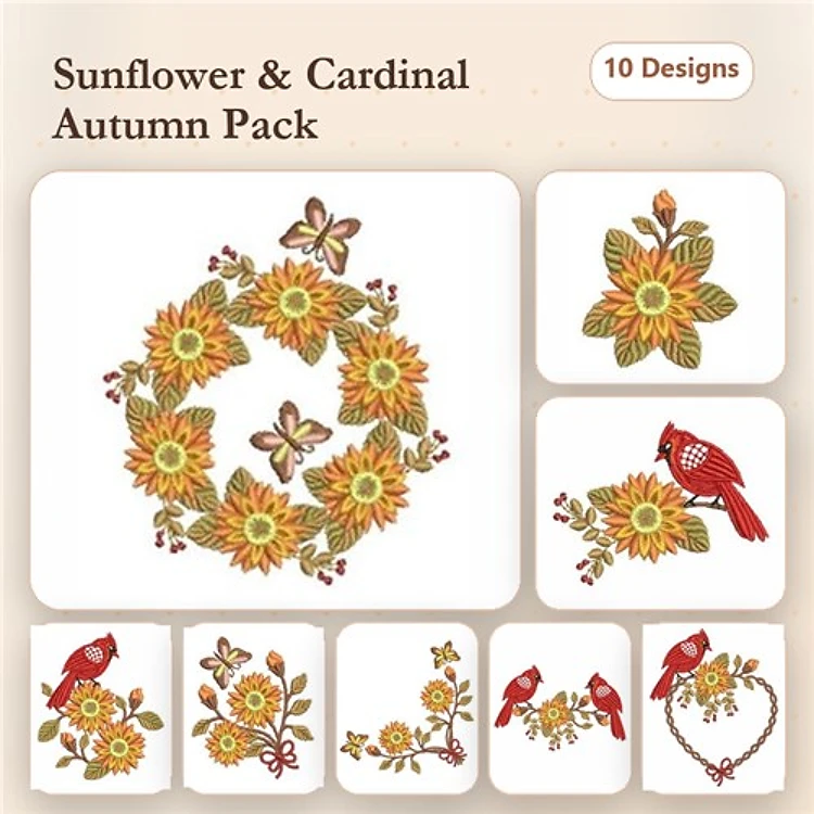 Sunflowers & Cardinals Embroidery Designs Bundle – Wreath, Butterfly, Bouquet & More (10 Designs)