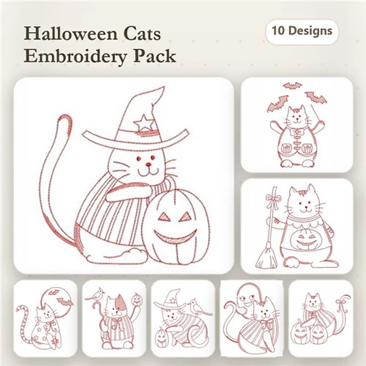Redwork Halloween Cats Embroidery Bundle – Cat with Pumpkin, Cat in Witch Hat, Cat with Ghosts & More (10 Designs)