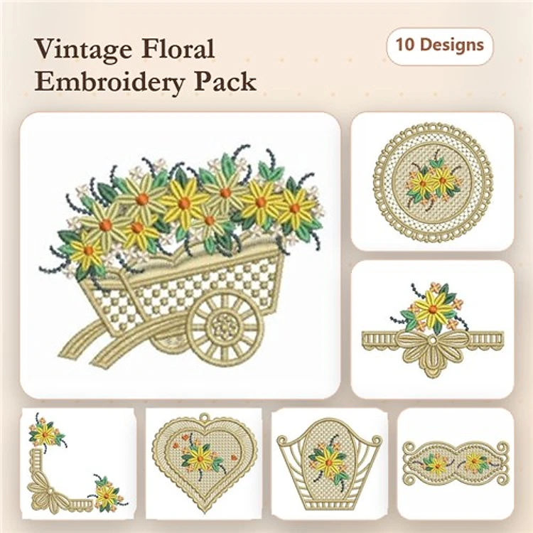 Vintage Floral Embroidery Designs Bundle – Flower Cart, Floral Heart, Ornate Floral Swirl & More (10 Designs)