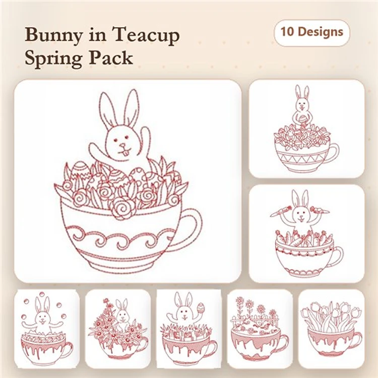 Redwork Bunny in Teacup Embroidery Bundle – Bunny Surrounded by Flowers, Bunny Peeking from Teacup & More (10 Designs)