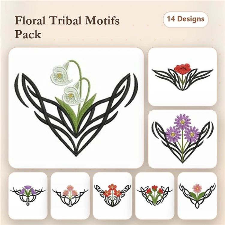 Floral Tribal Motifs Embroidery Designs Bundle – Lilies, Poppy, Purple & Pink Flowers (14 Designs)