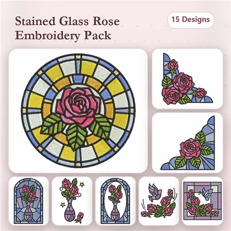 Stained Glass Roses Embroidery Bundle – Rose Stained Glass Round, Rose Bouquet in Vase, Bird with Roses & More (15 Designs)