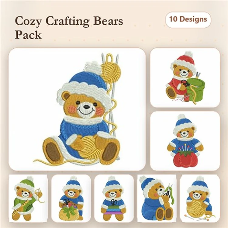 Crafting Bears Embroidery Bundle – Knitting Bear, Bear with Yarn, Bear with Scissors & More (10 Designs)