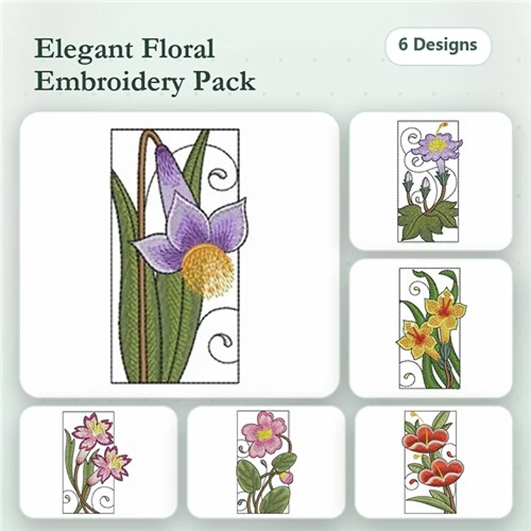 Elegant Floral Embroidery Bundle – Purple, Yellow, Pink & More (6 Designs)