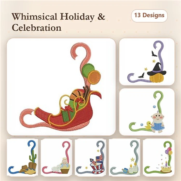 Holiday Sleigh Embroidery Designs Bundle – Santa, Halloween, Birthday Cake & More (13 Designs)