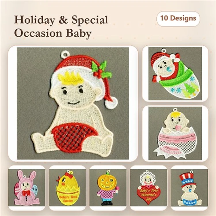 FSL Holiday Baby Ornaments Embroidery Designs Bundle – Baby Chick, Bunny Baby, Christmas Baby & More (10 Designs)