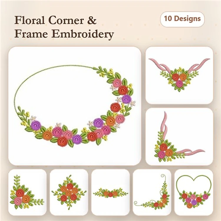 Floral Corner & Frame Embellishment Embroidery Bundle – Roses, Ribbons, Colorful Flowers & More (10 Designs)