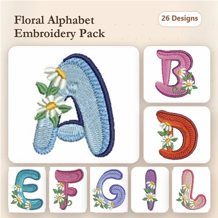 Floral Alphabet Embroidery Bundle – Floral Letter A, Floral Letter B, & More (26 Designs)