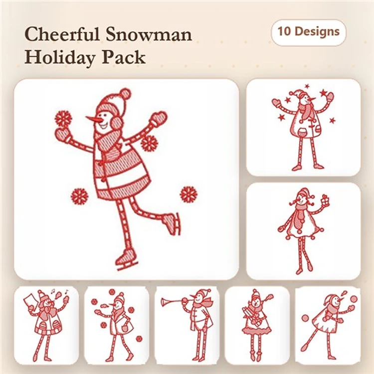 Redwork Cheerful Snowmen Embroidery Designs Bundle – Skating Snowman, Snowman with Hat, Snowman with Bird & More (10 Designs)