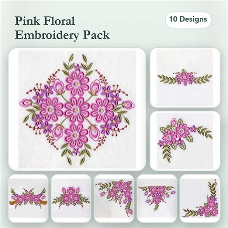 Floral Embroidery Bundle – Floral Bouquet, Floral Cluster, Single Pink Flower & More (10 Designs)