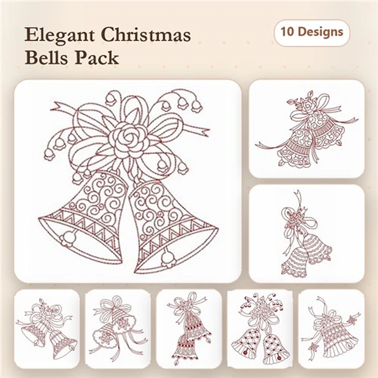 Redwork Christmas Bells & Angels Embroidery Designs Bundle – Christmas Bells with Ribbon, Ornate Angel with Bells, & More (10 Designs)