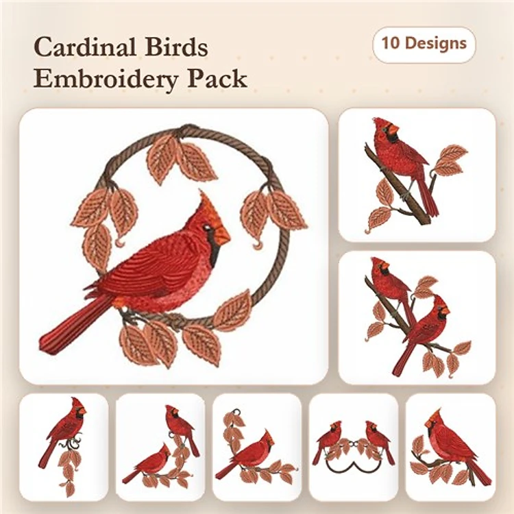 Cardinal Birds Embroidery Bundle – Cardinal in Wreath, Flying Cardinal, Cardinal Couple & More (10 Designs)