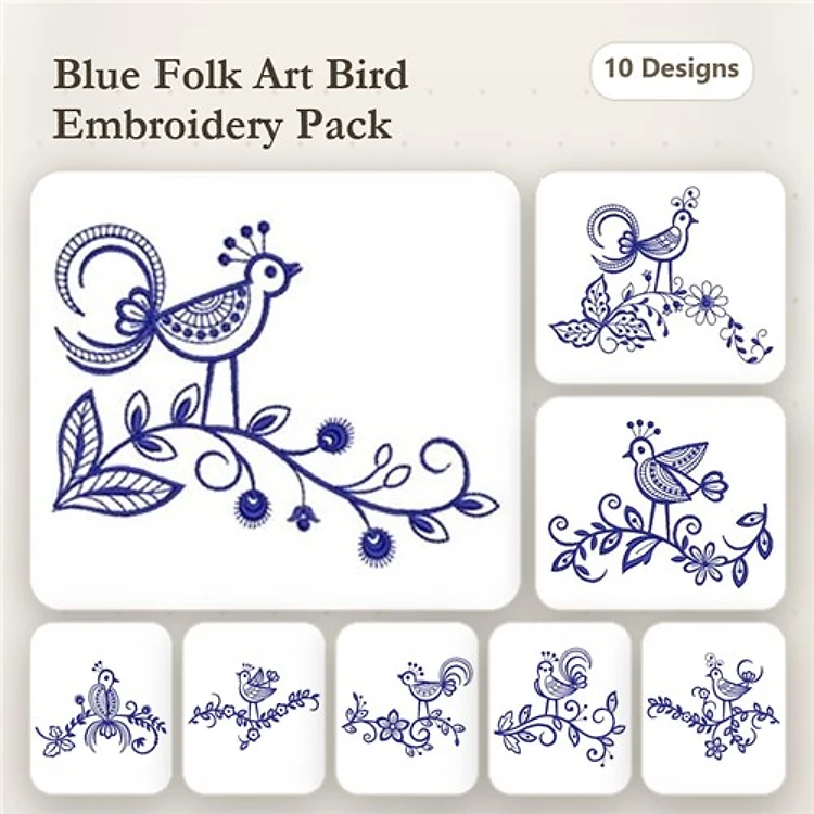 Redwork Folk Art Birds Embroidery Bundle – Bird with Flowers, Bird on Branch, Decorative Bird & More (10 Designs)