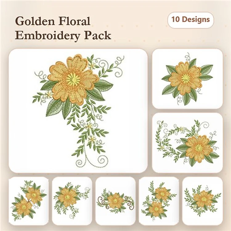 Golden Floral Embroidery Bundle – Gold Floral Arrangement, Single Gold Flower, Floral Accent & More (10 Designs)