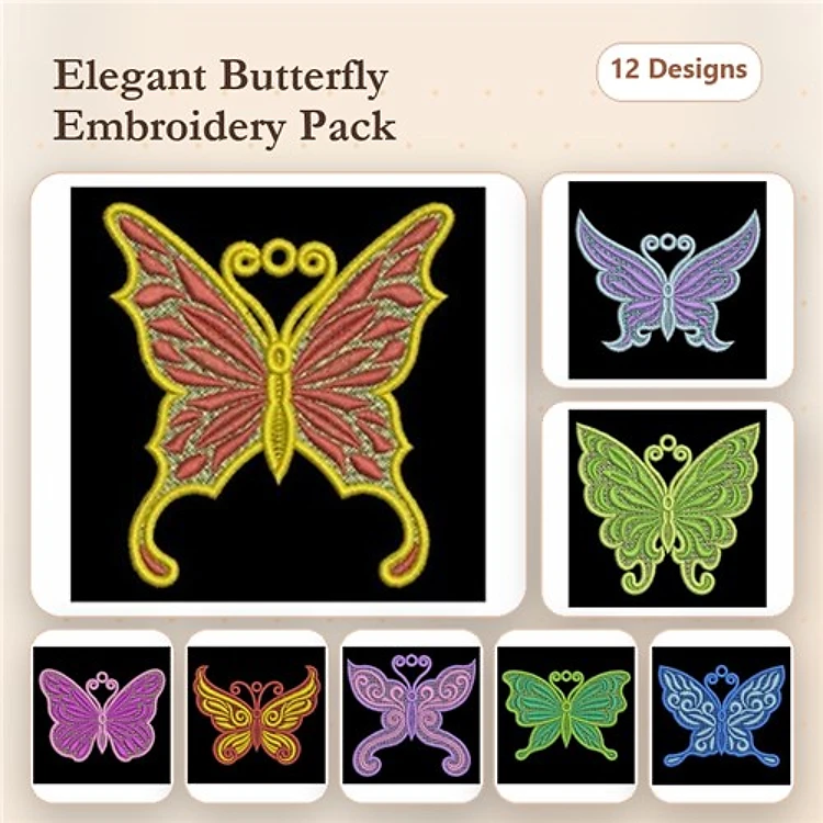 Elegant Butterflies Embroidery Designs Bundle – Butterfly with Swirls, Butterfly with Dots & More (12 Designs)