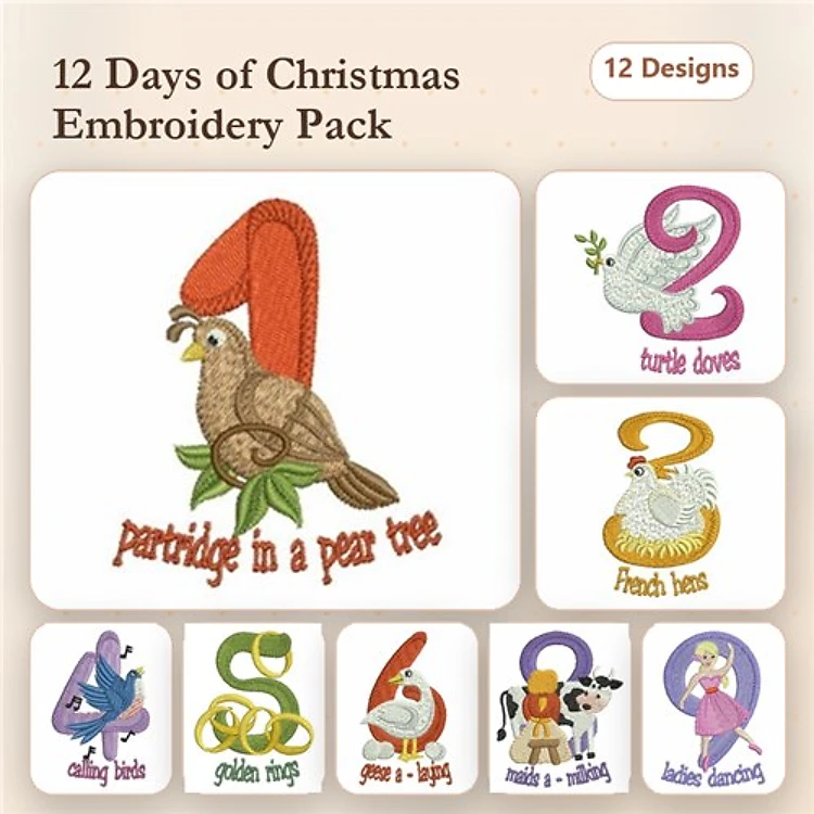 12 Days of Christmas Embroidery Designs Bundle – Partridge in a Pear Tree, Turtle Doves, French Hens & More (12 Designs)