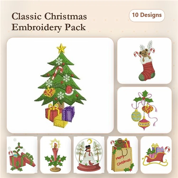 Christmas Tree & Stocking Embroidery Bundle – Gift Boxes, Snow Globe, Reindeer & More (10 Designs)