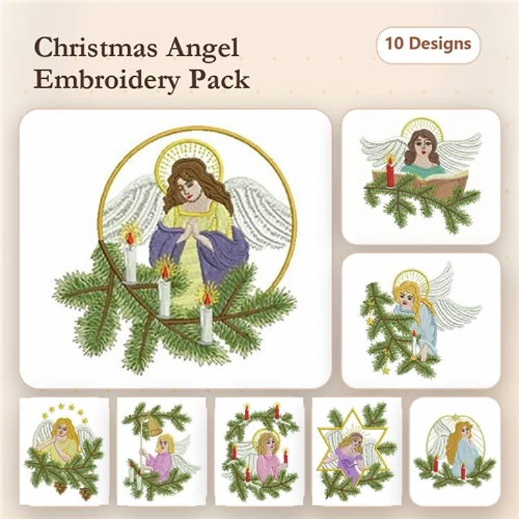 Christmas Angels Embroidery Designs Bundle – Angel with Candles, Angel with Pine, Angel in Star & More (10 Designs)