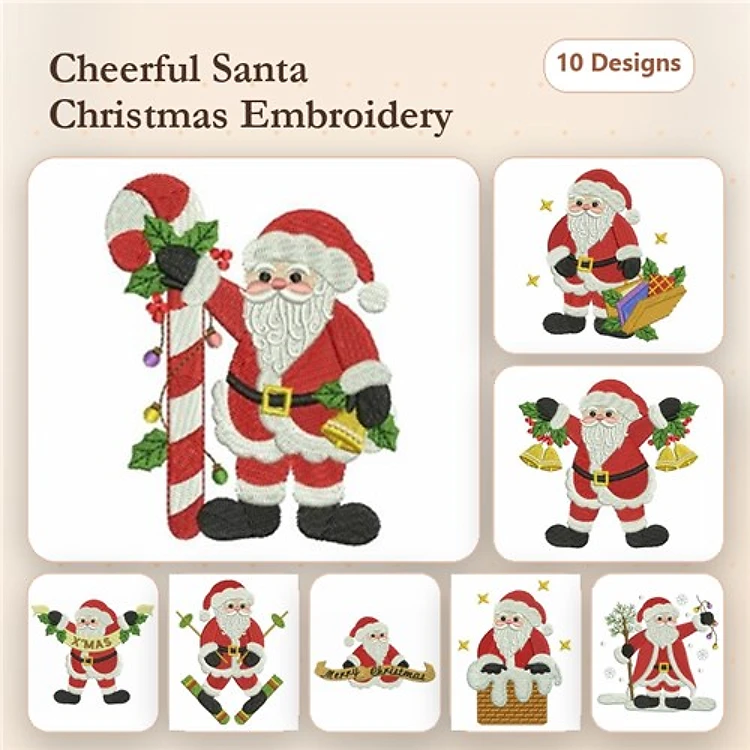 Cheerful Santa Characters Embroidery Designs Bundle – Santa with Candy Cane, Santa with Gifts, Santa with Wreath & More (10 Designs)
