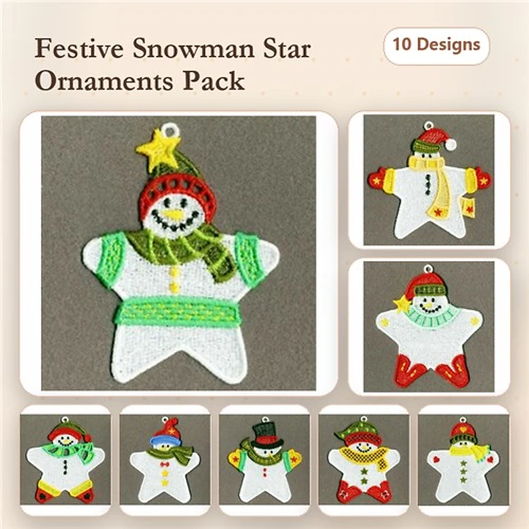 FSL Snowman Star Ornaments Embroidery Designs Bundle – Green Scarf, Red Hat, Orange Carrot Nose & More (10 Designs)