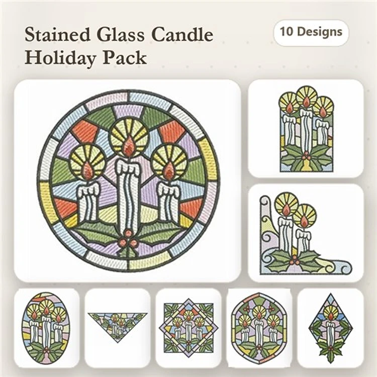 Stained Glass Candle Embroidery Bundle – Three Flames, Gift, Holly & More (10 Designs)