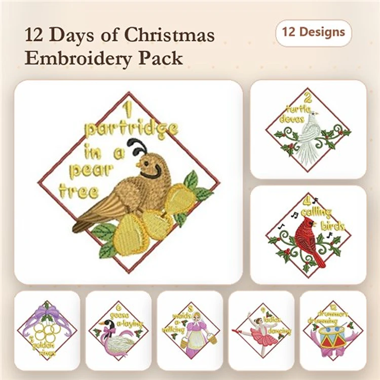 12 Days of Christmas Embroidery Designs Bundle – Partridge in a Pear Tree, Two Turtle Doves, Three French Hens & More (12 Designs)