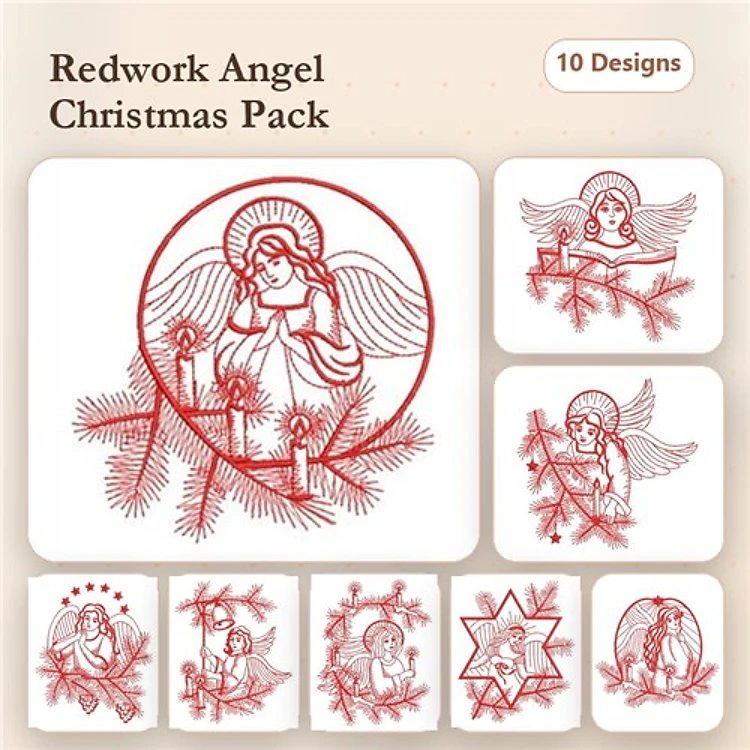 Redwork Angel Christmas Embroidery Bundle – Angel with Candles, Angel with Christmas Tree, & More (10 Designs)