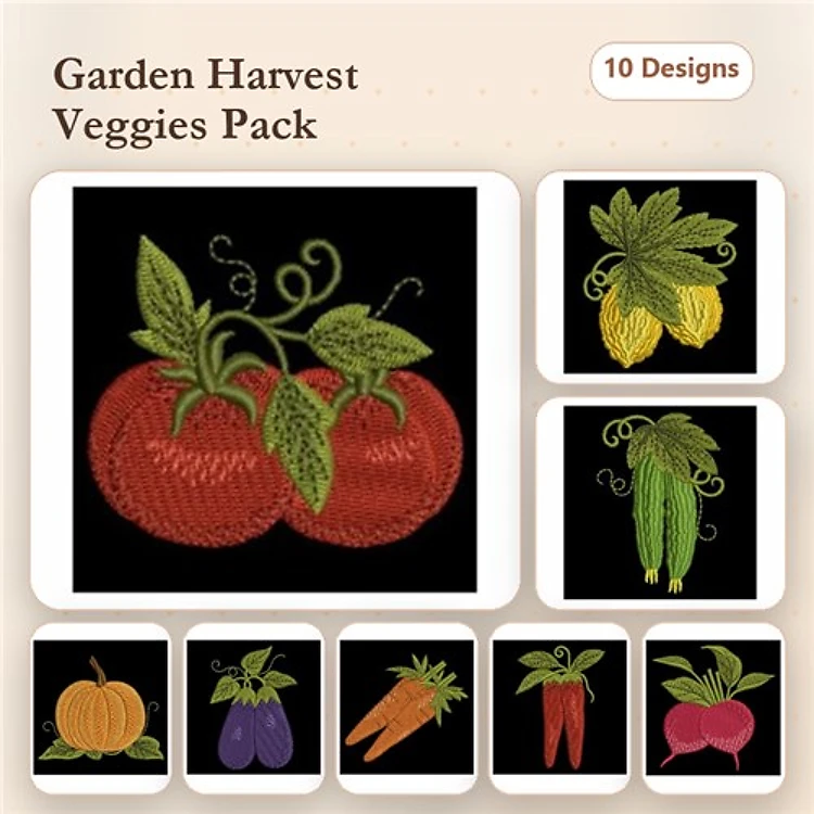 Garden Vegetables Embroidery Bundle – Red Tomatoes, Yellow Squash, Green Zucchini & More (10 Designs)