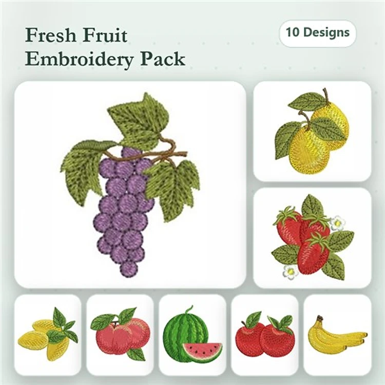 Fruit Embroidery Bundle – Grapes, Strawberries, Watermelon & More (10 Designs)